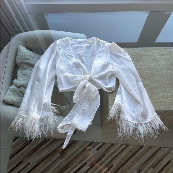 Fashion Nova Tops - Fashion Nova White Feather Trim Blouse